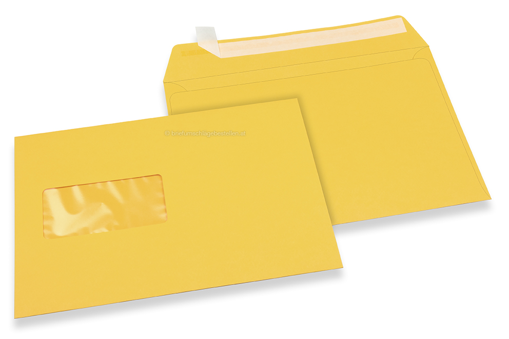 Sonnenblumengelb, Fensterkuverts farbig, 162 x 229 mm (A5), Fenster links, Fensterformat 45 x 90 mm, Fensterposition 20 mm von links / 60 mm von unten, Haftklebeverschluss, 120 gr farbiges Papier