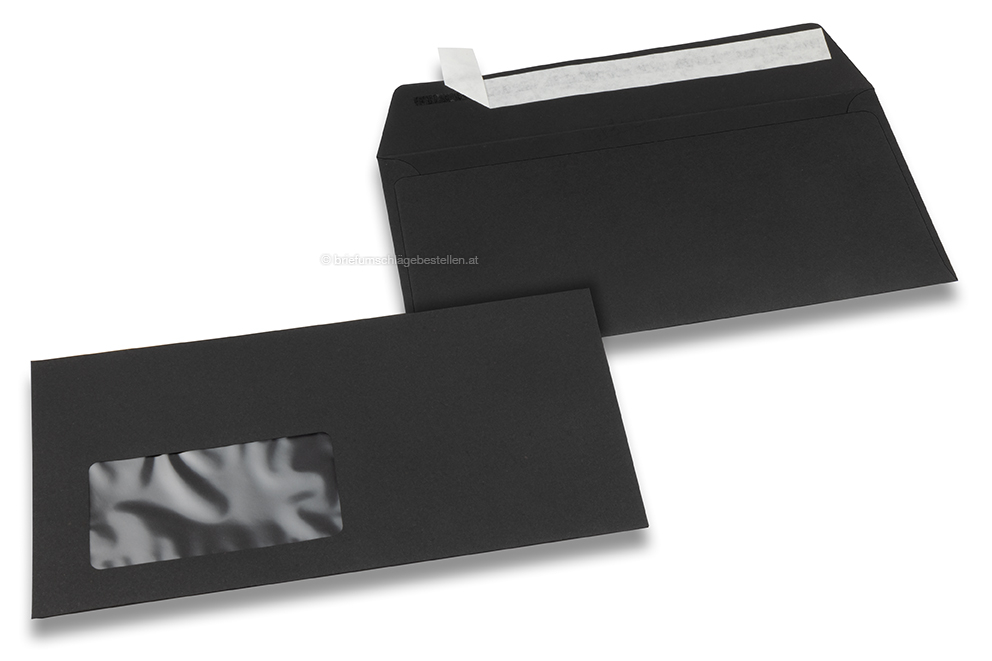 Schwarz, Fensterkuverts farbig, 110 x 220 mm (DL), Fenster links, Fensterformat 45 x 90 mm, Fensterposition 20 mm von links / 15 mm von unten, Haftklebeverschluss, 120 gr farbiges 