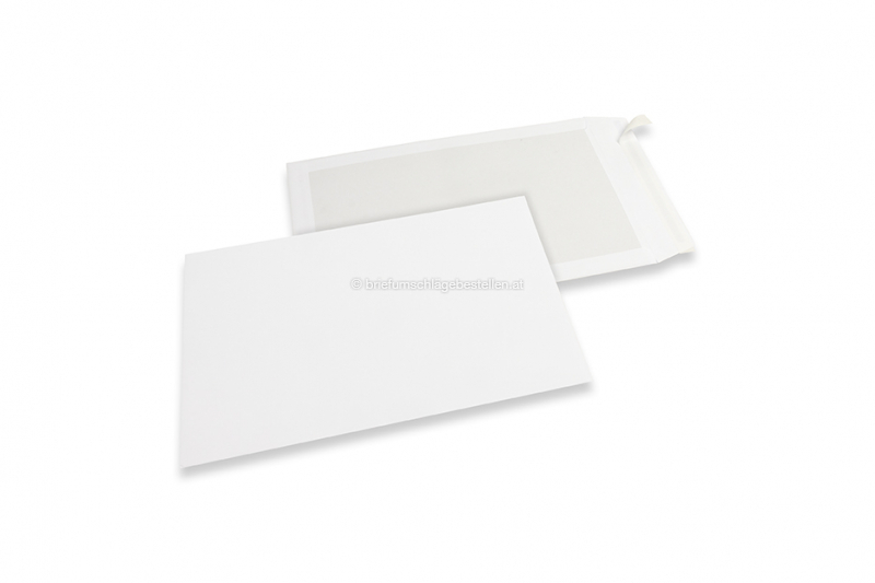 Papprückwandtaschen - 262 x 371 mm, 120 Gramm weiße Kraft-Vorderseite, 450 Gramm weiße Duplex-Rückseite, Haftklebeverschluß