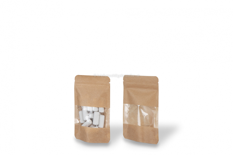 Standbodenbeutel Kraft mit Fenster - Braun, 85 x 145 x 50 mm, 100 ml