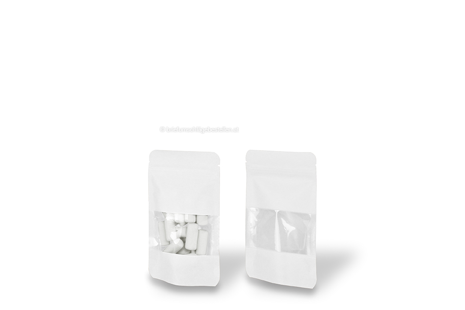 Standbodenbeutel Kraft mit Fenster - Weiß, 85 x 145 x 50 mm, 100 ml