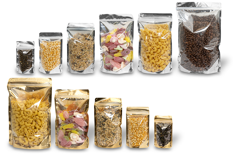 Metallic transparente Standbodenbeutel - Gold metallic und Silber metallic